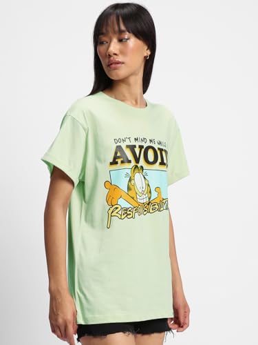 Image of Bewakoof X Official Garfield Merchandise Women's Selective Participation Graphic Printed 100% Cotton T-Shirt - Boyfriend Fit, Round Neck, Half Sleeves, Loose Fit
