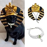MANON ROSA Cat Egyptian Costume Set 2PC – Pet Golden King Pharaoh Headwear with Pearl Necklace, Cute Festival Cosplay Outfits Accessory & Photo Props for Small Medium Dogs Cats Puppies Kittens