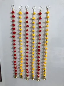 TATHAGATA Handmade Wall Door Hangings 3 Ft.Strings Red Yellow Pom Pom Torans Garland Bandhanwar Golden Bells Temple,Ganesha Decoration Home Decor Diwali,Festival,Navratri,Wedding,Party(3 FT 6 Strings)