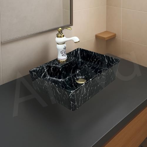 Image of Artiva Ceramic Wall Mounted Bathroom Basin /Designer Table Top Sink For Bathroom /Wall Hung Washbasin /Wash Basin For Cabinet /Countertop Vanity Sink (Nero Black 16 x 12 x 5 Inch)