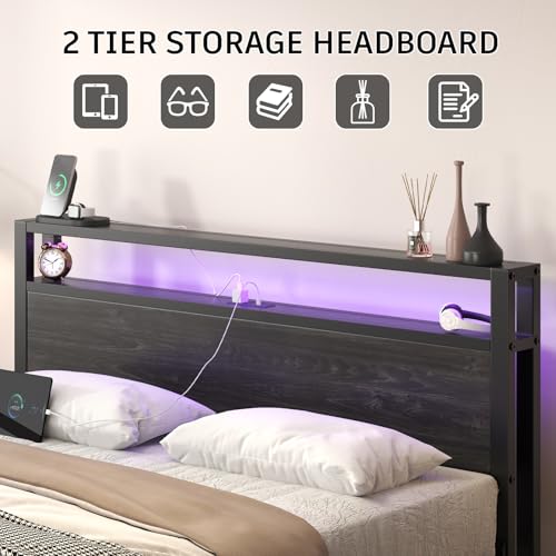 Image of E-Motie Queen Size Bed Frame with LED Lights and Charging Station, Wood Storage Headboard with 2-Tier Shelves, Heavy Duty Metal Slats, No Box Spring Need, Noise Free, Easy Assembly, Black