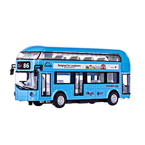 HMANE Pull Back Cars Alloy Double Decker School Bus Construction Vehicles Mini Model Car Toys with Light (Blue)