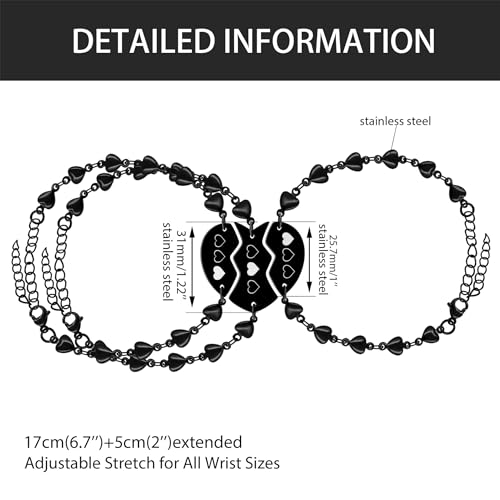 Image of 3pc Puzzle Heart Pieces Bracelets for Women Adjustable Stainless Steel Black Heart Link Bracelet for Sisters Friend Family Friendship Gifts YA4838