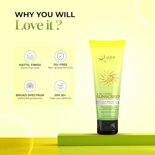 Image of Lass Naturals Sunscreen 5-in-1 Daily Lotion SPF 30+ UVA PA+++ Skin Safe Face Sunscreen Water resistant Best Sunscreen lotion Non Sticky (Pack 1) - 100g