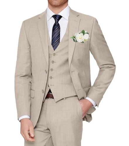 Beige Men's 3 Piece Slim Fit Suit Set 2 Button Dress Linen Suits Formal Tuxedo Blazer Jacket Vest Pants Set M