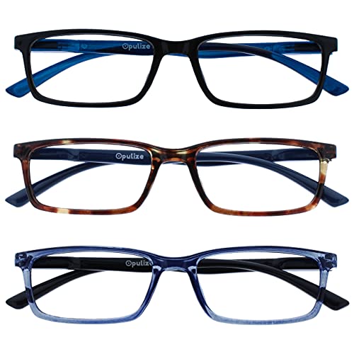Image of OPULIZE SEE Reading Glasses with Blue Light Blocking for Women and Men, Narrow Frame, Spring Hinges, Computer Gaming Glasses, Black,Brown,Blue +3.5 (Pack of 3)