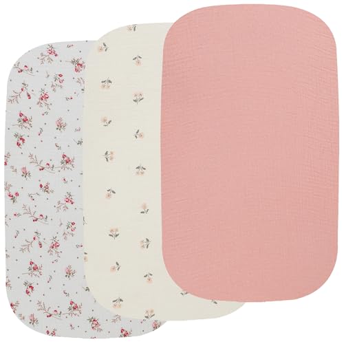 Onacosht Muslin Bassinet Sheets 3 Pack, 100% Cotton Baby Fitted Sheet 33" x 19" Compatible with Mika Micky, KoolaBaby (3 in 1), BabyBond, HARPPA and RICUTON Bedside Bassinet, Solid Pink and Floral
