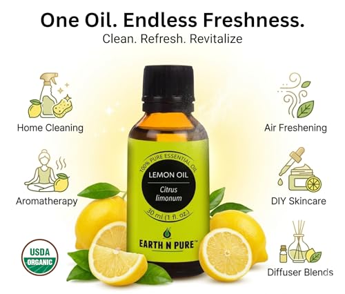 Image of Earth N Pure Lemon Essential Oil 100% Pure & Natural | for Diffuser, Aromatherapy, Skin Care, Hair Care & Cleaning | Citrus Aroma for Fresh Mood & Home Use | Undiluted Therapeutic Grade - 50ml