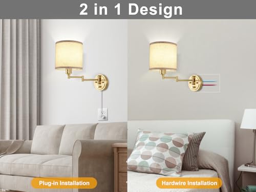Image of GOODATE Plug in Wall Sconces with Remote Control, Dimming & Adjustable Colors 2700K-6500K, Hardwire or Plug-in, Swing Arm Wall Lamp with Linen Fabric Shade, Wall Sconces Set of Two, Gold Finish