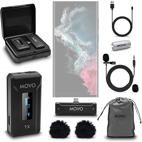 Movo WMX-2-C Wireless Microphone for Android with Charging Case - Bluetooth Microphone for Android Lapel Mic - 7HR Battery Wireless Lavalier Microphone for Android - 328' Range USB C Lapel Mic