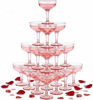 Zopeal 30 Pcs Champagne Coupe Glasses 5 oz Plastic Champagne Tower Disposable Martini Glasses Stackable Stemmed Margarita Coupe for Wedding Birthday Valentine's Day Party Bar(Pink,Transparent)