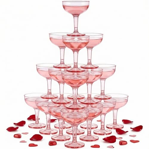 Zopeal 30 Pcs Champagne Coupe Glasses 5 oz Plastic Champagne Tower Disposable Martini Glasses Stackable Stemmed Margarita Coupe for Wedding Birthday Valentine's Day Party Bar(Pink,Transparent)