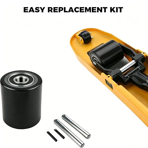 Image of Heavy Duty Pallet Jack Load Wheels Replacement Kit (2 Pairs / 4 Wheels) - 3 inch x 3.75 inch (74.5mm x 93mm) Polyurethane Tread, Pre-Installed 20mm Bearings w /Axles & Pins (Black)