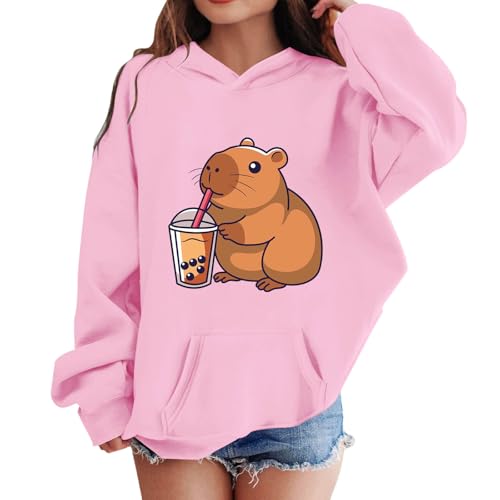 Cute Capybara Graphic Hoodies for Girls Oversized Dropped Shoulder Long Sleeve Fleece Fall Winter Hooded Sweatshirt