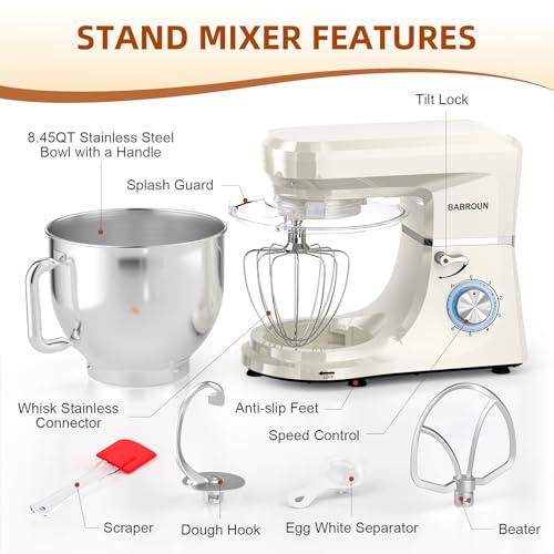 Image of Dough Mixer 8.45 QT Electric Mixer - 660W 6 Speed Large Capacity Kitchen Stand Mixer with Whisk Dough Hook Mixing Beater Household Food Mixer for Baking Cakes Cookie Bread Salad(White)