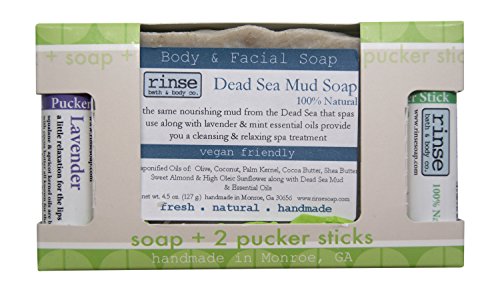 Rinse Soap and 2 Pucker Sticks Box Set (Dead Sea Mud Soap with Lavender and Spearmint Pucker Sticks)