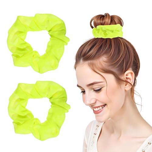 Tyqour 2Pcs 80s Neon Scrunchies Soft Hair ScrunchiesNeon Hair Accessories Elastic Hair Bands Hair Ties Ponytail Holders Yellow Scrunchy Hair Bands for Women 80s Party Outfits(Yellow)