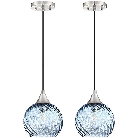 CJY CHENJINYAN 1 Light Hanging Indoor Kitchen Island Pendant Light 6.3" Stripe Wave Glass Pendant Ceiling Light Fixture,Brushed Nickel Finish Modern Farmhouse Dinning Over Sink (Blue Glass, 2 Pack) Cover