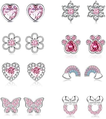 LOUMILEO 8Pairs Silver Stud Earrings for Women S925 Sterling Silver Stud Earrings for Girls Cute Deer Butterfly Heart Silver Studs with Cubic Zirconia Hypoallergenic Small Studs Earrings Set