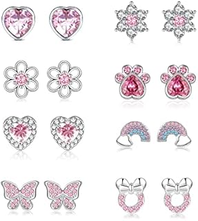 LOUMILEO 8Pairs Silver Stud Earrings for Women S925 Sterling Silver Stud Earrings for Girls Cute Deer Butterfly Heart Silver Studs with Cubic Zirconia Hypoallergenic Small Studs Earrings Set