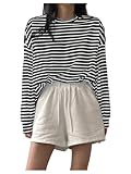 MakeMeChic Women's Striped Tops Long Sleeve Crew Neck Multi Ribbed Shirts Casual Pullover Shirts Black and White Large