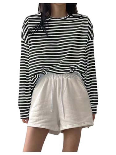 MakeMeChic Women's Striped Tops Long Sleeve Crew Neck Multi Ribbed Shirts Casual Pullover Shirts Black and White Large