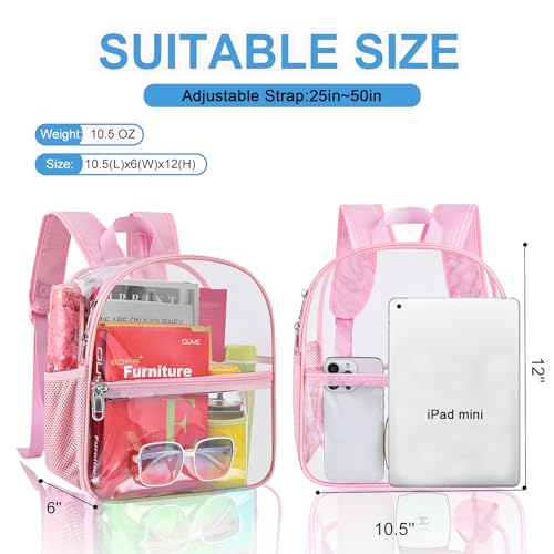 Image of Busiuw Clear Backpack for Stadium Events 12x12x6 Mini Small Sports Fan Backpacks with Front Pocket for Concert Sport Events Work Travel(Pink)