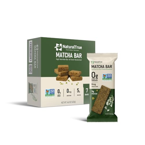 Natural True protein bars low sugar high protein Snack, gluten free, Vegan, Non-GMO, Kosher, Healthy bars, No Palm Oil, plant-based, Made in USA Green Buckwheat Matcha Bar (7 Bars)