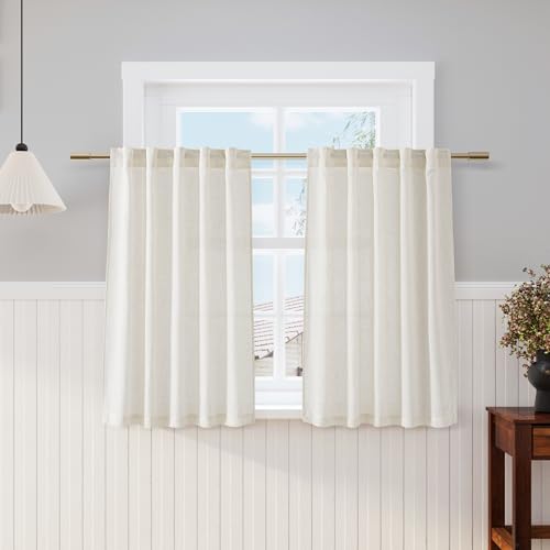 Nanspring Natural Linen Curtains 45 Inch Length Back Tab Pocket Design Semi Sheer Curtains 2 Panel Set for Kitchen Bathroom Small Windows Cottage Farmhouse Decor 40x45 Inches