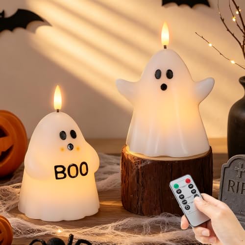 Image of Halloween Flameless Candles with Remote, Ghost Battery Operated Candles Wax | Flickering LED Fake Candle, Timer, Dimmer, Flickering Mode, Halloween Decor for Table, Fireplace, Home, Party, Festival