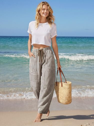 Image of TARSE Womens Striped Linen Barrel Pants with Pockets Y2k Patchwork