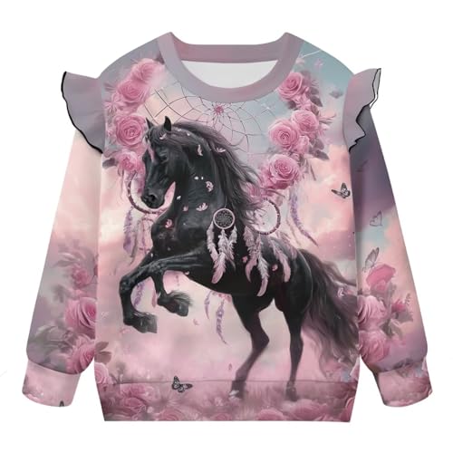 Horse Hoodie No Hood Sweatshirt for Toddler Girl Long Sleeve Shirt Graphic Crewneck Tees Top Fall Clothes 1Y-8Y