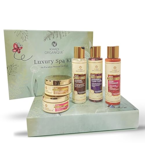 Image of Khadi Organique Luxury Spa Kit with Shower Gel, Moisturizer, Massage Oil, Body Polisher & Body Wrap For Men and Women | Suitable for All Skin Types