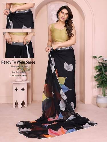Image of ROOP SUNDARI SAREES Readymade Pleated Pre Drape Stitched Floral Printed Georgette Saree For Women's With Lace Border & Blouse(Ready To Wear One Minute)