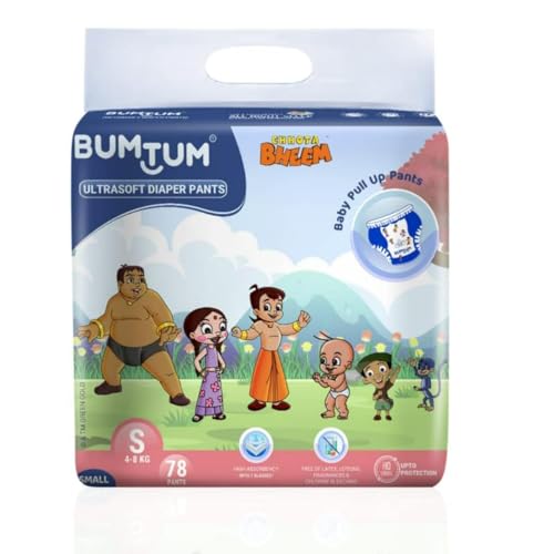 Bumtum Chota Bheem Small Baby Diaper Pants, 78 Count, Leakage Protection Infused With Aloe Vera, Cottony Soft High Absorb Technology (Pack of 1)
