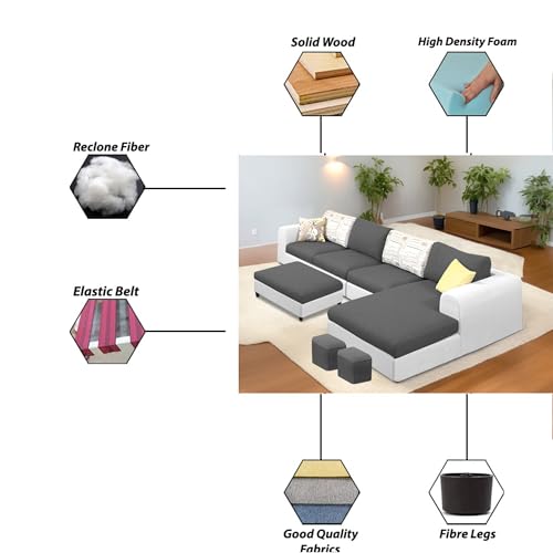 Image of Koza RHS 8 Seater L Shape Sofa Set with Center Table for Living Room (Black Grey Fabric) Premium Fabric Sofa