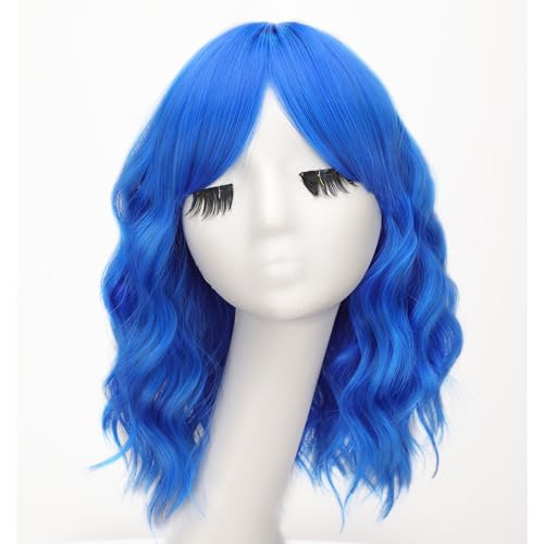 Image of AISI HAIR Blue Synthetic Wavy Curly Bob Wig with Bangs Short Wavy Hair for Women Synthetic Heat Resistant Bob Wigs