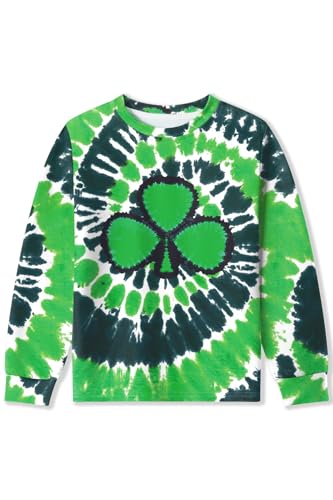 Unisex Kids St. Patrick's Tie Dye Irish Clover Long Sleeve Shirt Shamrock Green Sweatshirt 4-12 Years