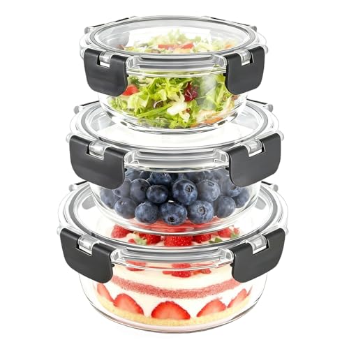 Siocok 3 Pack Glass Meal Prep Containers with Airtight Lids Round Leakproof Lunch Box Stackable Glass Food Storage Containers Set Freezer Ov-en Microwave & Dishwasher Safe (3Pack - Rotundity)
