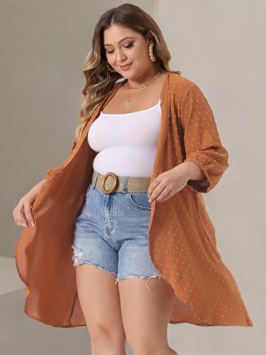 Image of Agnes Orinda Plus Size Cardigan for Women Open Front 3 /4 Sleeve Swiss Dots Lightweight Casual Cover Up