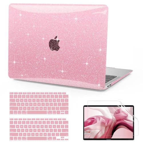 B BELK Compatible with MacBook Air 13 inch Case 2022 to 2018 Released A2337 M1 A2179 A1932 with Touch ID, Sparkly Plastic Hard Shell Cover + 2 Keyboard Covers + Screen Protector, Glitter Pink