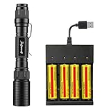 thor fire 18650 Flashlight 4PCS 3.7V 5000mAh 18650 Rechargeable Battery with 4 Slot USB Battery Charger,High 4000 Lumen Zoomable Flashlight for Camping Hiking (Black)