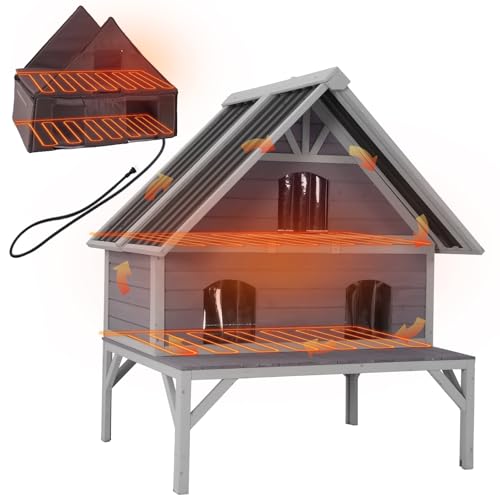 GUTINNEEN Heated Outdoor Cat House Insulated Cat Shelter with 2 Separate Levels, Insulated Liner, Heating Pad, Large Porch, Three Escape Doors for 2-4 Feral Cats Weatherproof