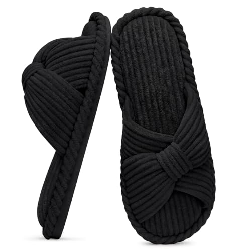 Evshine Summer House Slippers for Women Corduroy Open Toe Indoor Slippers
