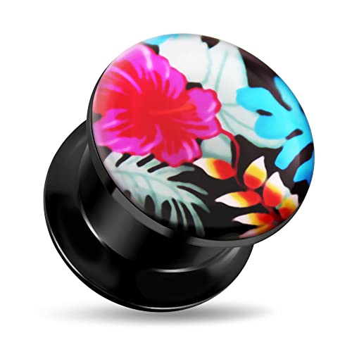 1 Pair of 16mm Hibiscus with Leaves Logo Internally Threaded Black Acrylic Double Flared Ear Gauge Plug - Stretching - Gauge Ear Piercing Body Piercing Jewelry