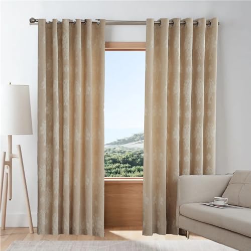 Image of Modern Heavy Jacquard Curtain Pair Eyelet Ring Top Pair Curtains Windows & Door Curtains (Beige, 90 x 54 Inch)