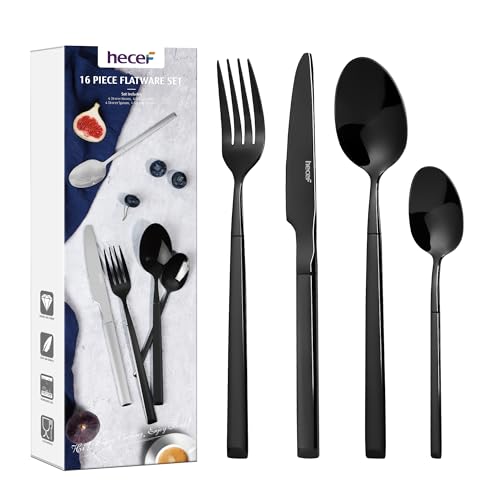 hecef Cutlery Set, 18/10 Stainless Steel, Knife Fork Spoon Set, Dishwasher Safe (Black, 16 Pieces)