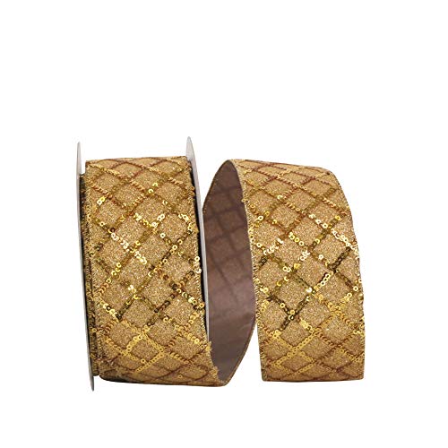 Reliant Ribbon 93591W-035-40F Sequin Glimmer Lattice Deluxe Wired Edge Ribbon, 2-1/2 Inch X 10 Yards, Gold
