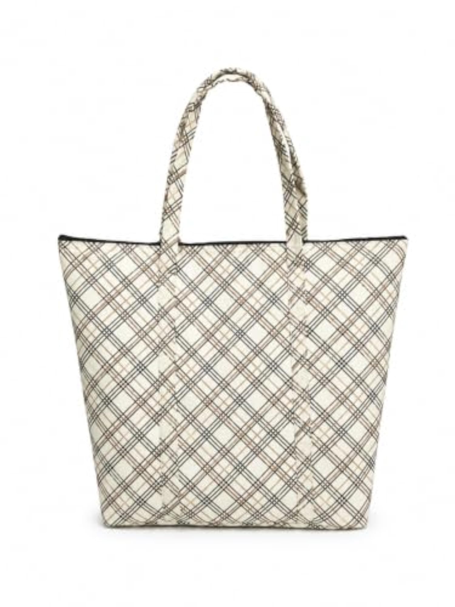 Beige Checkered Foldable Waterproof Travel Tote Bag for Women