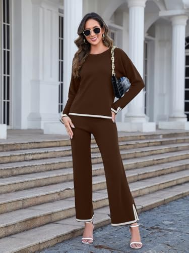 Womens 2 Piece Outfits Long Sleeve Knit Sweater Sets Knit Pullover Tops Wide Leg Pants Lounge Sets Tracksuits2